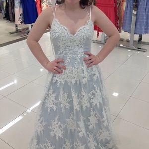 Baby Blue Lace Pattern Overlay Prom Dress